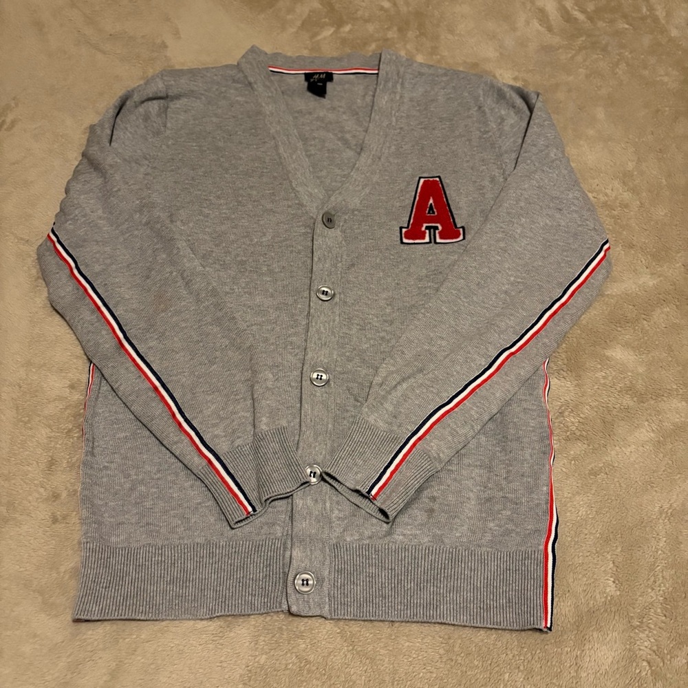 H&M Varsity‑Style Cardigan with Red-White-Navy Stripe Trim – Size S